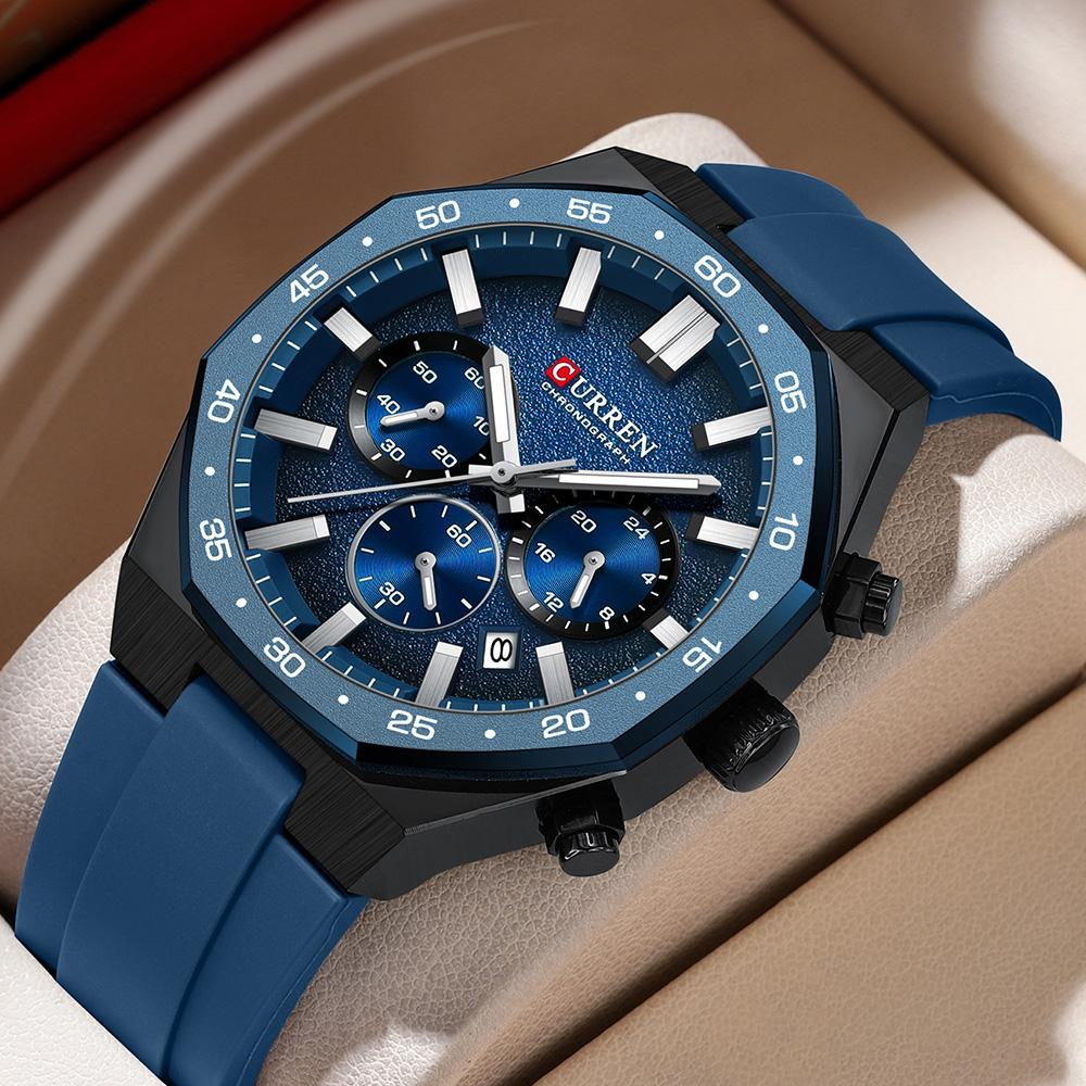 CURREN Men's Sports Chronograph Wristwatch with Black Silicone Band Auto Date Luminous Hands Quartz Watch for Men