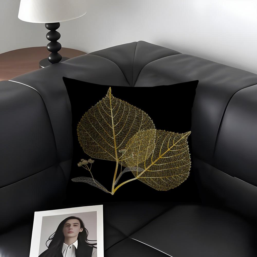 Golden Leaf Branch Pattern Cushion Cover Natural Linen Organic Fabric DoubleSided Printing Sofa Home Decor Gift Pillow Case