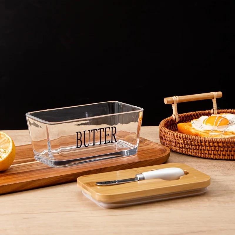1Set Thickened Glass Butter Dish Set with Rosewood Lid And Bamboo Lid for Kitchen Butter Container Snack Cookie Storage