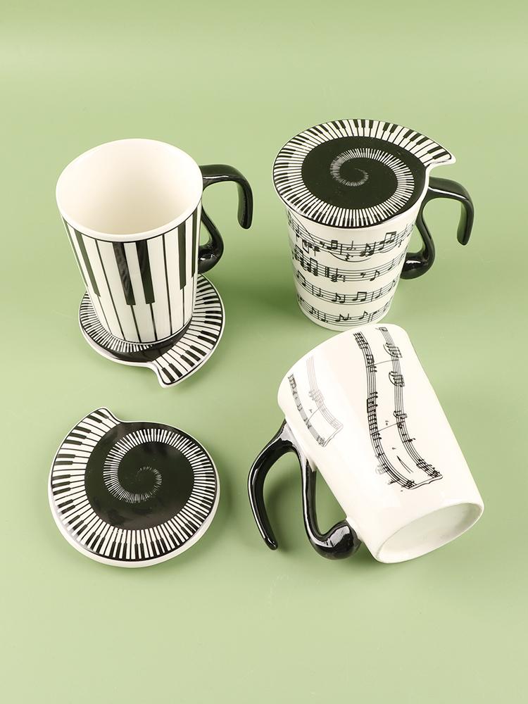Ceramic Note Cup with Cover, Simple Household Creative, Music Score, Piano Keyboard Mug, Coffee Couple Mug, Office Gift