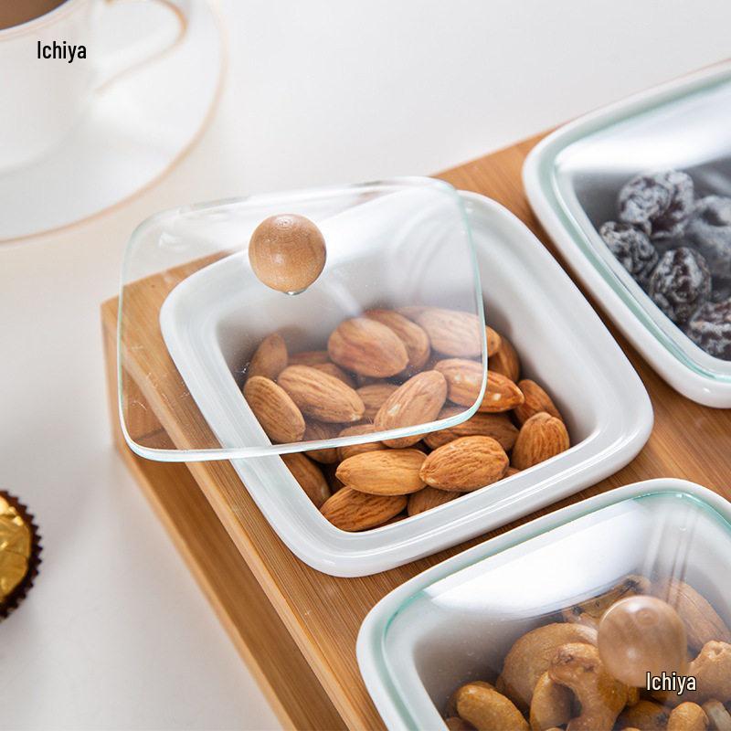 Vassoio per Snack in Bambù Stile Nordico con Coperchio in Vetro e Piatto in Ceramica