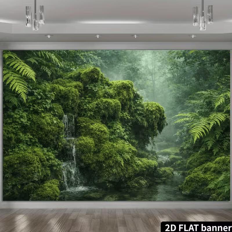 2D Enchanted Mossy Waterfall In Tropical Forest Backdrop Photo Background