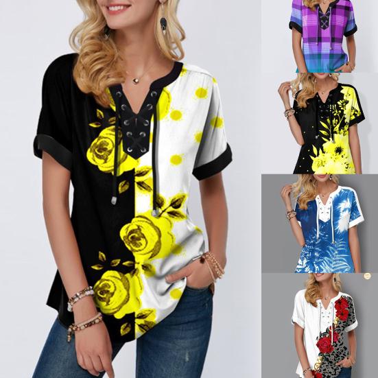 

Блузка с принтом и шнуровкой, женская футболка с коротким рукавом и V-образным вырезом для вечеринки