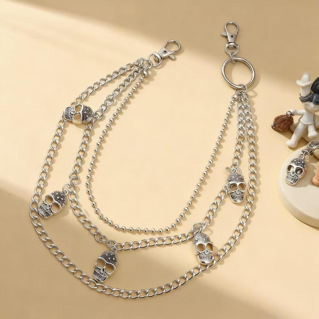 European & American Hip Hop Metal Skull Multi-layer Waist Chain with Round Beads for Women