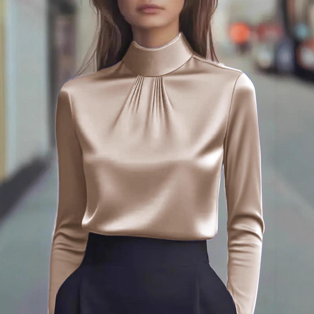 Women's Satin Shirt with Stand Up Collar and Pleated Long Sleeved Top, Elegant and Slimming Shirt for Commuting In The Workplace