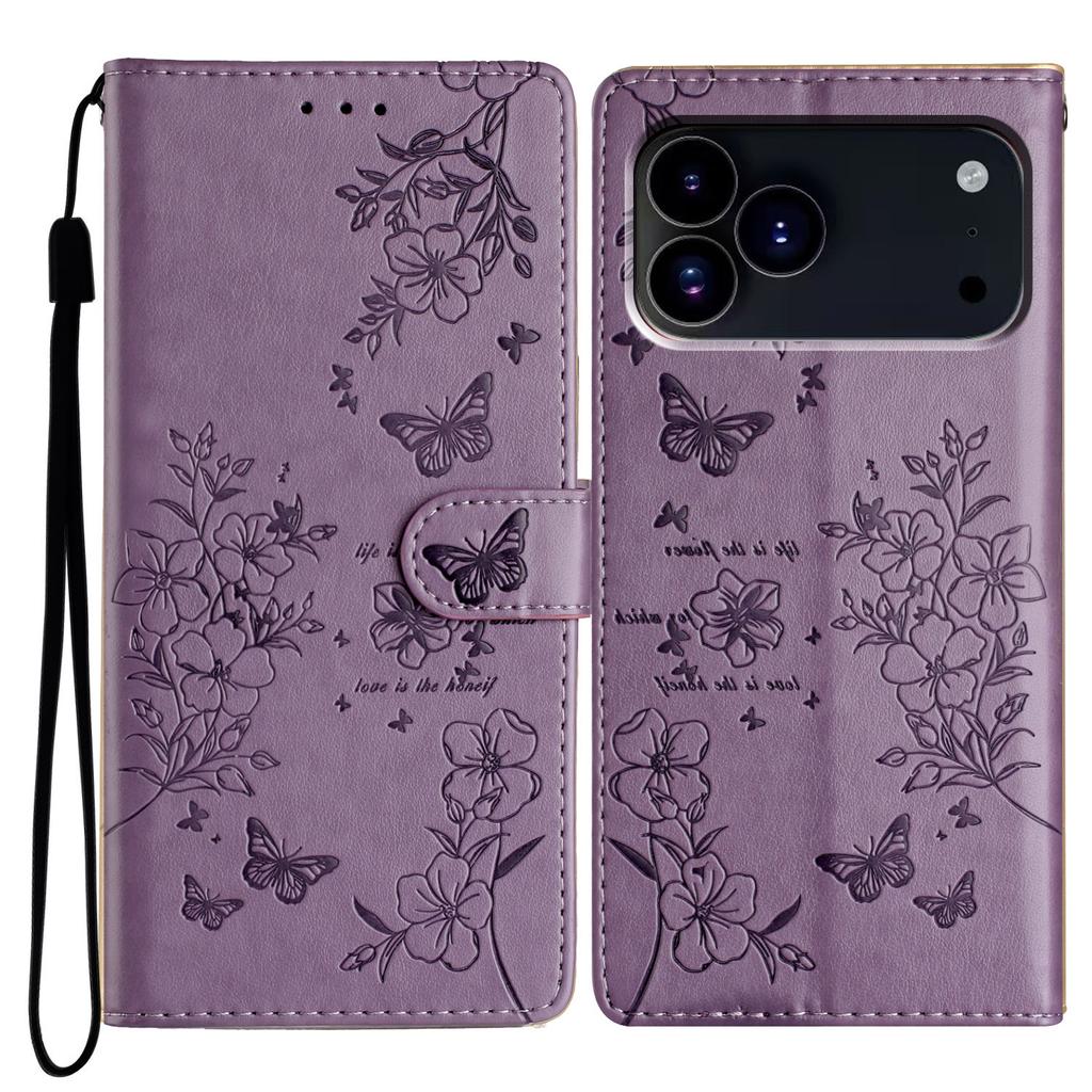 For iPhone 17 Pro Max Wallet Phone Case Butterfly Floral Imprint Leather Flip Cover with Strap