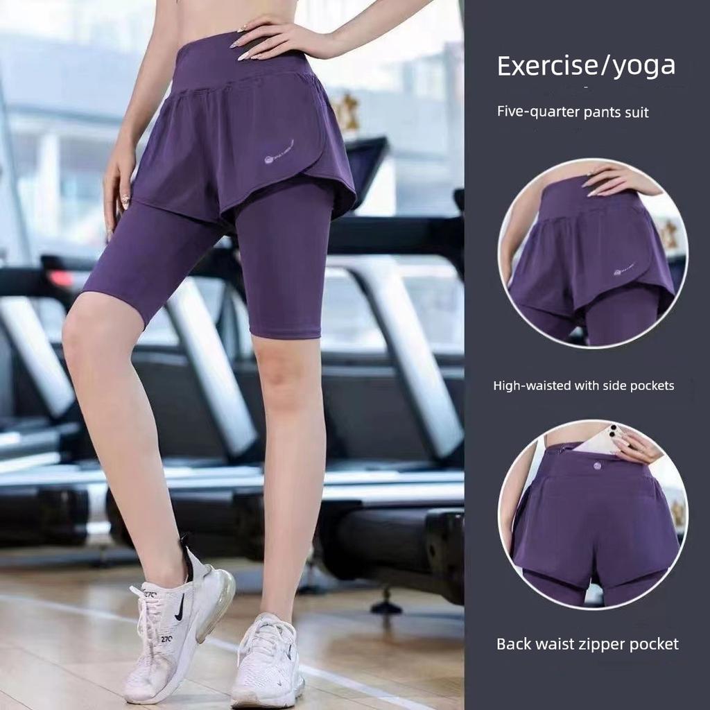 Women's Five-Point Sports Pants, Faux Two-Piece, Anti-Exposure, Quick-Drying, Running Fitness Pants, High Elasticity, Summer Tennis Breathable