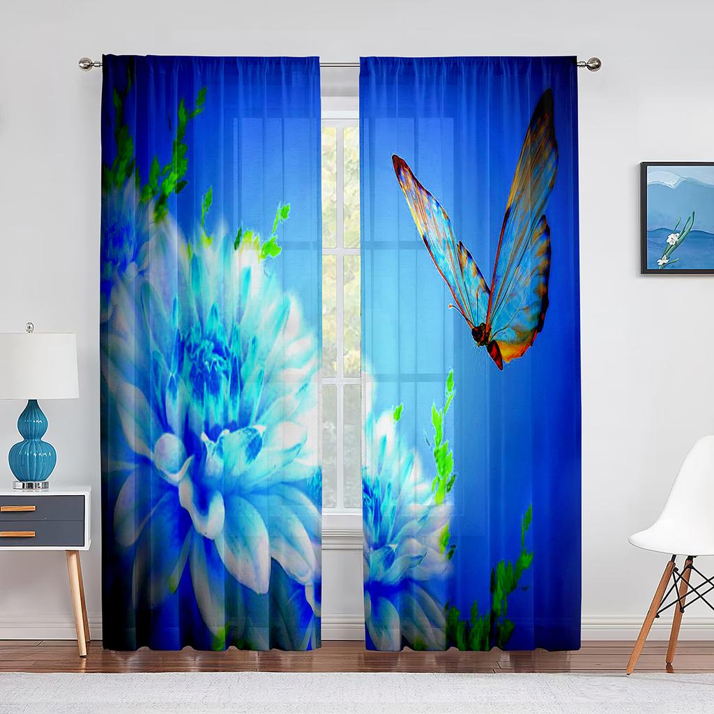 Spring Blue Floral Butterfly Sheer Curtain for Living Room Bedroom Home Kitchen Chiffon Tulle Curtains Window Treatment Decor