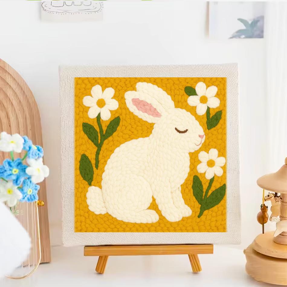 DIY Punch Needle Kits for Beginners Golden Bunny Punch Stitching Kit with Frame Embroidery Sewing Craft Set Perfect Gift