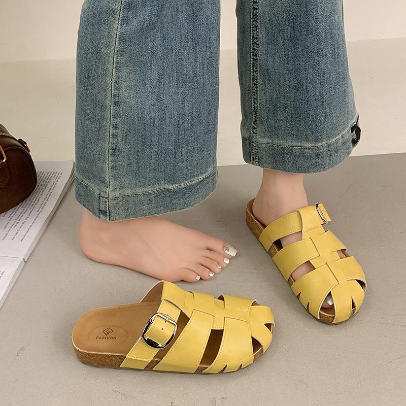Baotou half slippers women's 2025 summer new woven hollow Roman cool slippers thick bottom one pedal Birkenstock