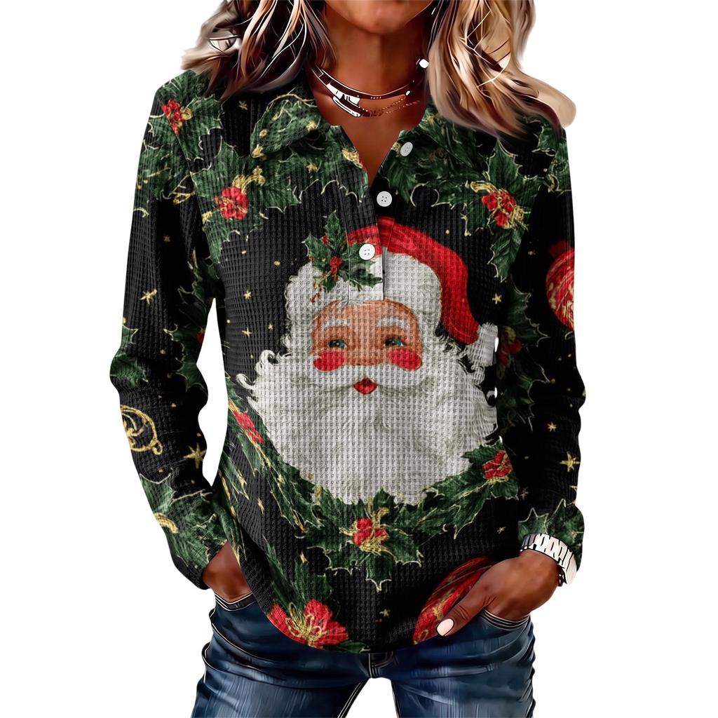 Women's Fashion Casual Button Front Long Sleeve Christmas Top with Collar