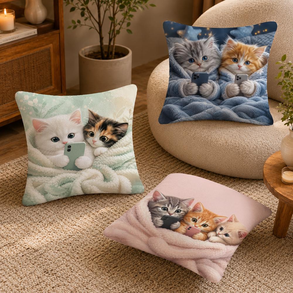 Vibrant Style Charming Kitten Pillow Case Breathable Organic Short Plush Cushion Covers Wrinkle-Resistant Soft Durable