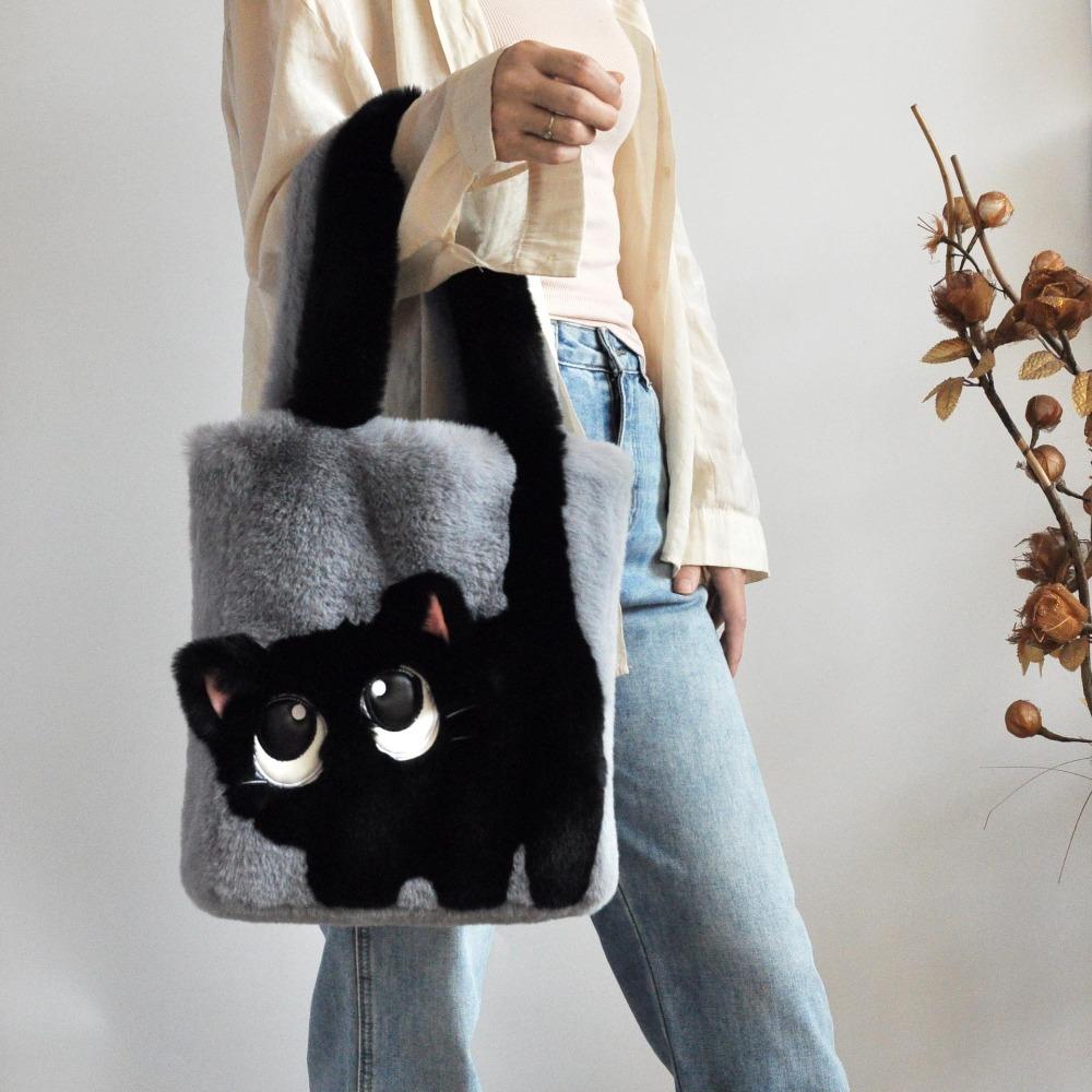 Creative Cartoon Cat Women's Plush Bag Embroidery Large Capacity Tote Bag Simple Fashion Soft Shoulder Bag for Autumn Winter