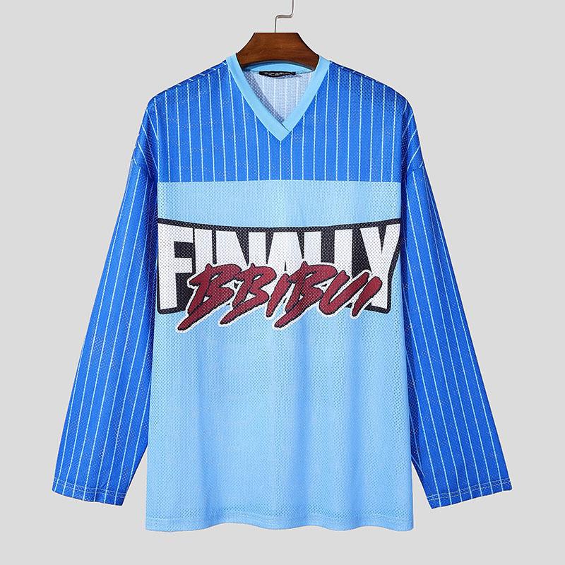 

INCERUN Футболки свободного покроя для мужчин с V-образным вырезом и полосатым принтом в сетку, топы с вырезами 2XL синий