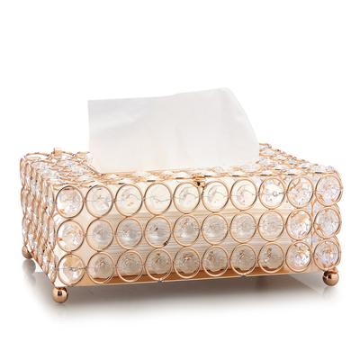 Luxury Nordic Electroplated Rectangle Metal Framework Clear Rhinestones Crystal Storage Tissue Box
