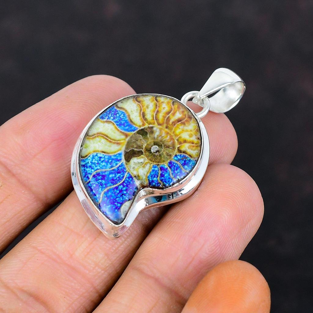 Blue shade ammonite fossil pendant 925 sterling silver pendant very pretty gemstone pendant handmade jewelry gifts for mom pendant for women