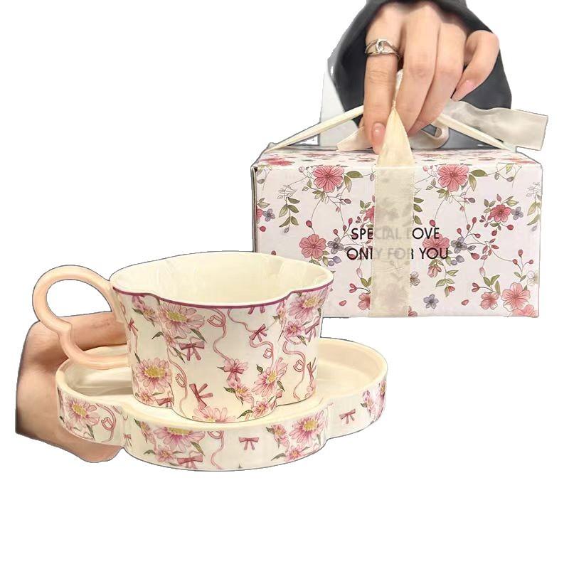 Girly Style Pink Tender Coffee Cup And Saucer Set Ceramic Water Cup Ins Afternoon Tea High Value Cute Light Luxury Cup And Saucer