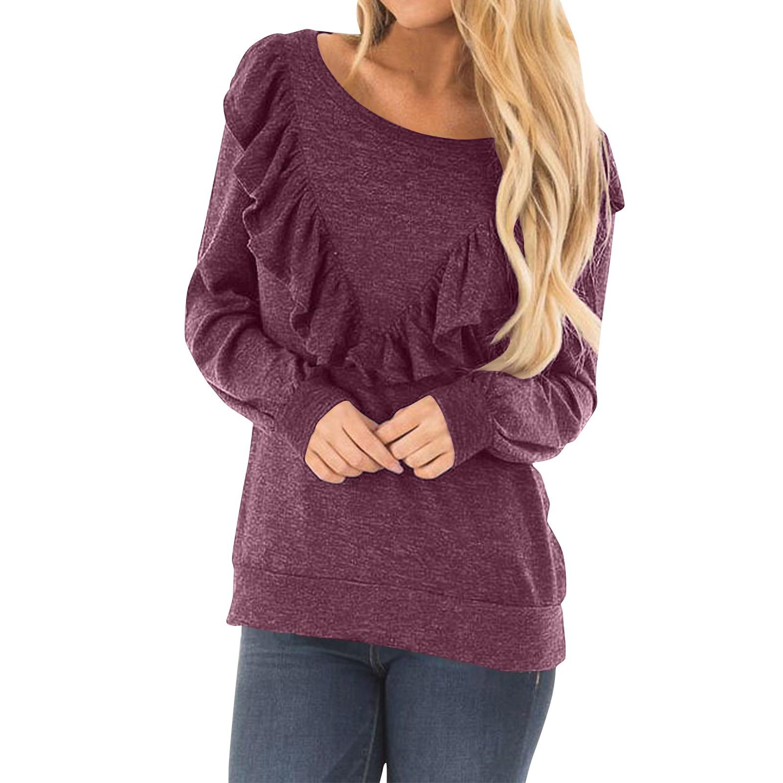

Women s Fashion Round Neck Ruffle Solid Color Long Sleeve Casual Pullover Top L фіолетовий