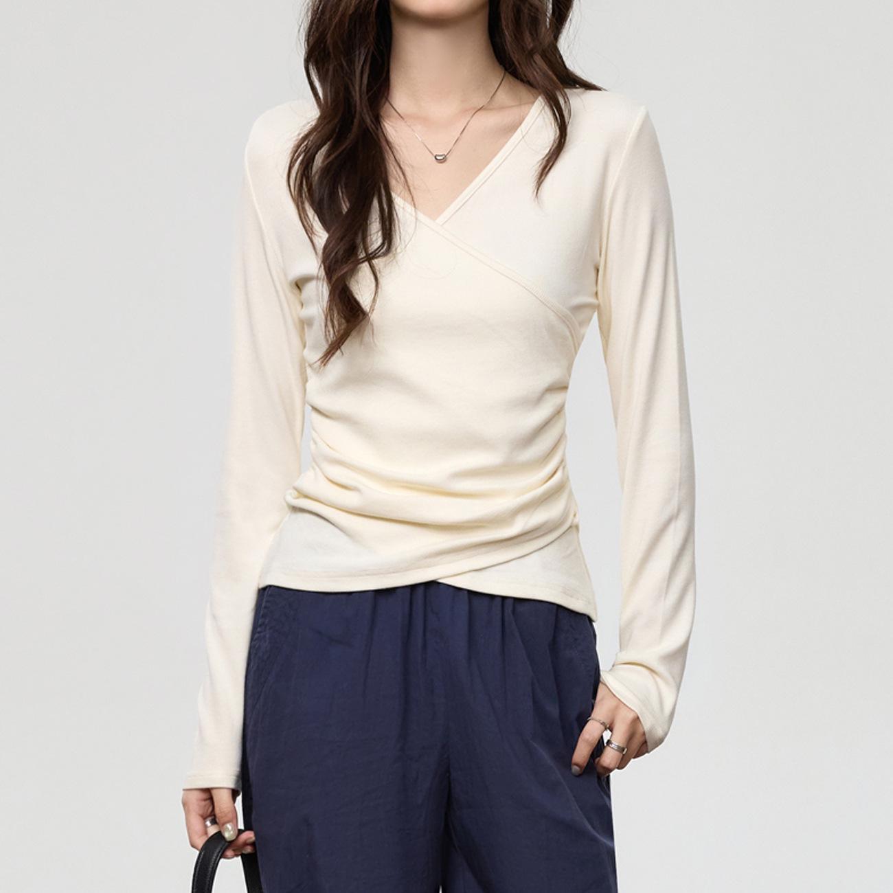 

Yuke 260 г Футболка с плиссированной талией, приталенная, с V-образным вырезом и длинными рукавами – Женская осенняя мода L