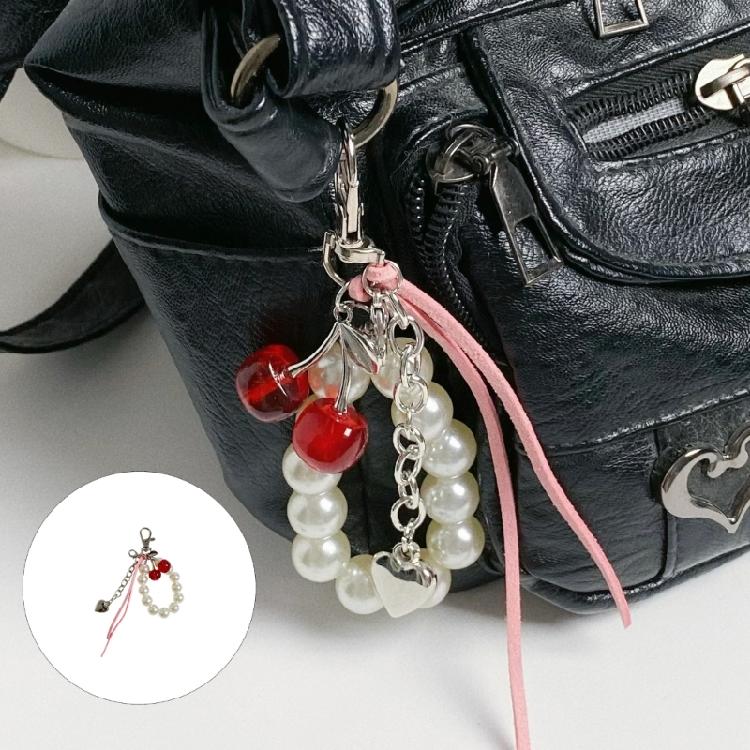 Fashion Beads Keychain Cherry Pearls Design Beaded Lip Balm Pendant Key Ring Stylish Jewelry Gift For Her