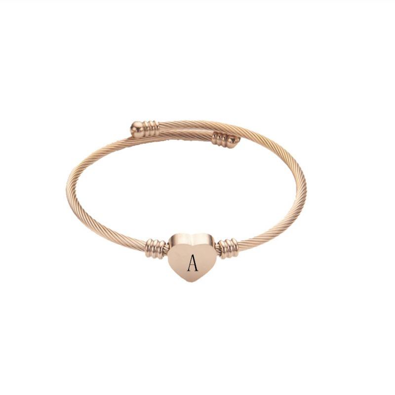 Stainless Steel Open Cuff Adjustable 26 Letters Heart Bracelet