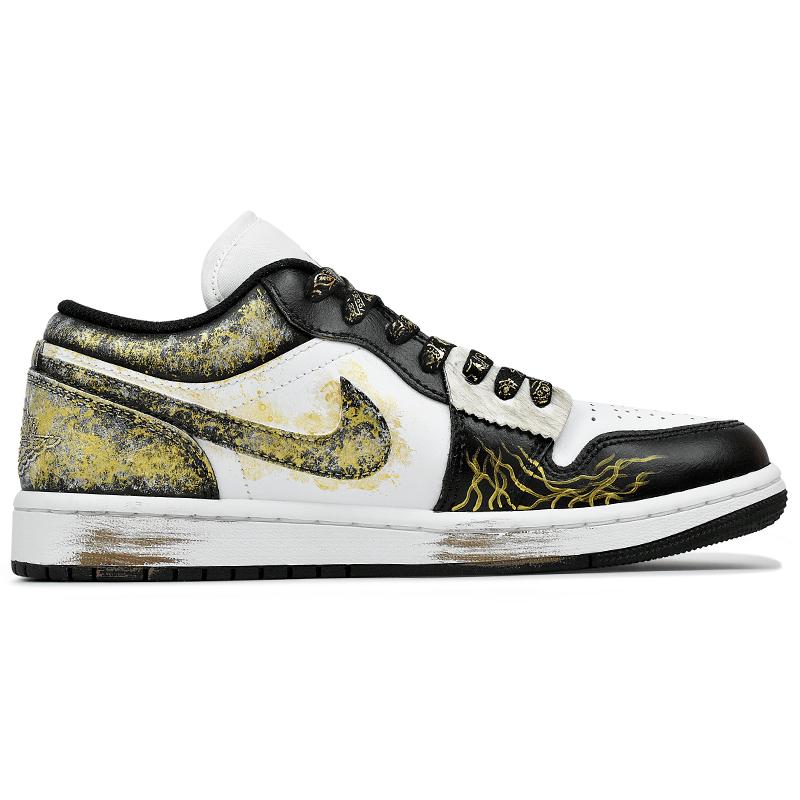 Jordan Air Jordan 1 Abrasion Resistant Low Top Vintage Basketball Shoes Unisex Black White Gold 553558-165(Team96-)