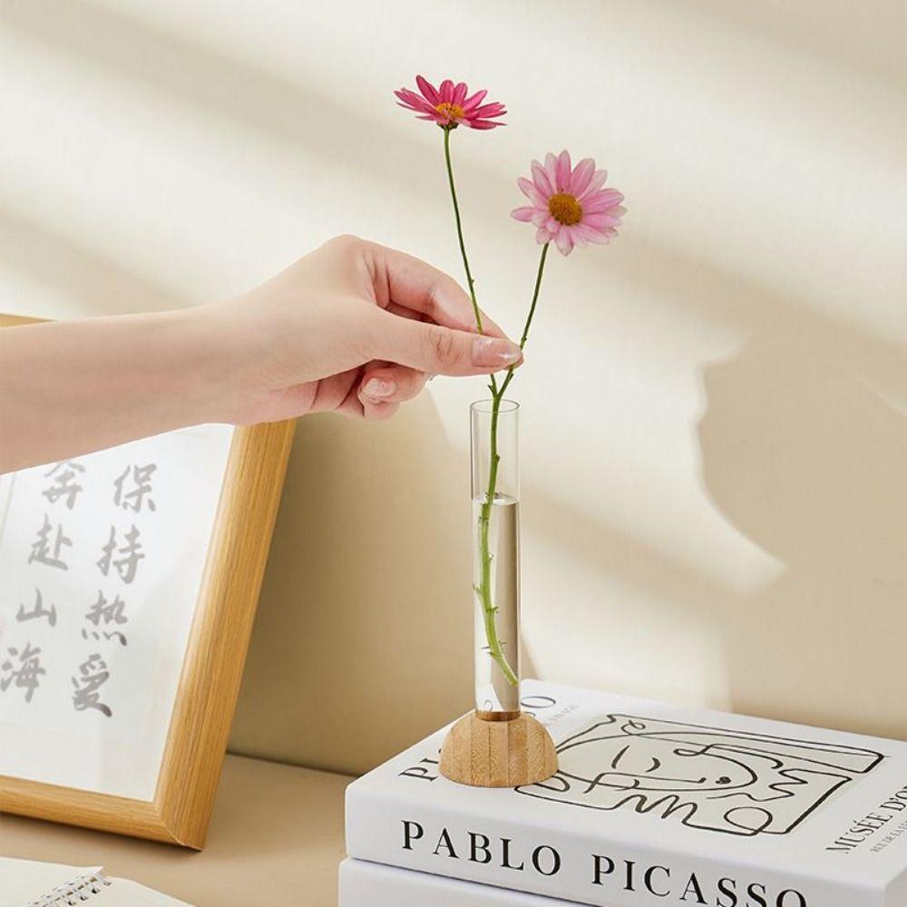 2 Pcs Shatterproof Hydroponic Plants Vase With Wooden Stand Clear Flower Vase  Table