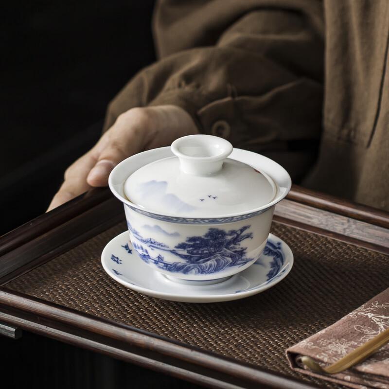 Blue and White Porcelain Lotus Landscape Gaiwan