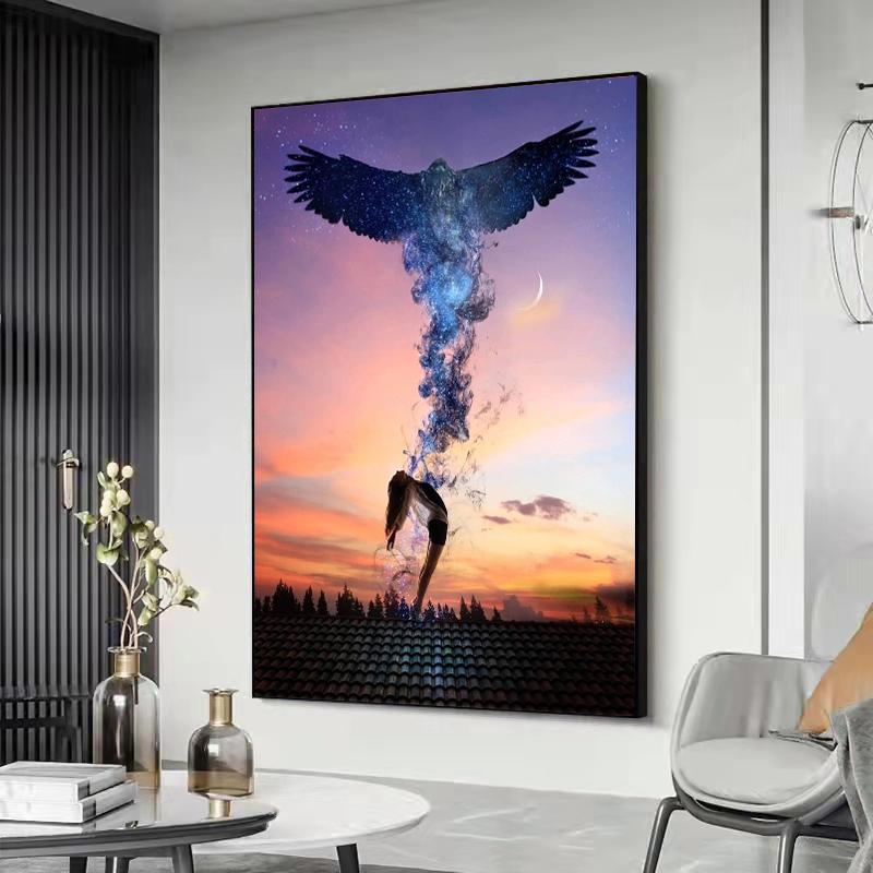 Abstract Eagle and Girl Canvas Painting Modern Posters and Print Nordic Wall Art Pictures for Living Room Home Decoration