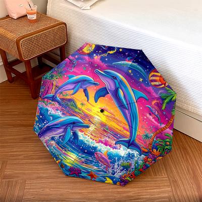 1 PC Automatic Folding Umbrella - Dolphins Sunset Pattern, Portable & Foldable Design with 8 Ribs, Christmas Birthday Gifts