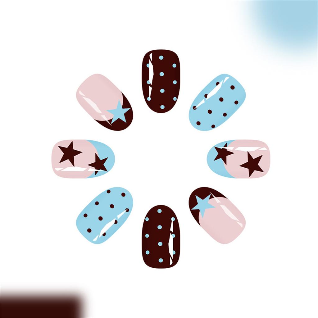 24PCS Blue Brown False Nails Star Polka Dot Press On Nails False Nails Press On Nails Women Daily Wear Wearable False Nails