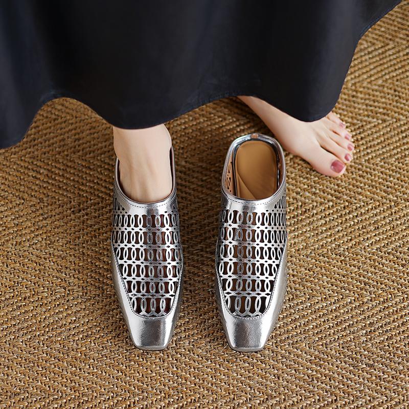 Fashion 2025 New Women Shoes Pumps Low-heel Square Toe Slippers Genuine Leather Retro Style Casual Working Shoes Woman Mueller Slippers