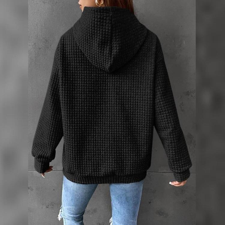 Plaid Pullover Jacket Women Long Sleeve Solid Color Hoodie with Pocket Round Neck