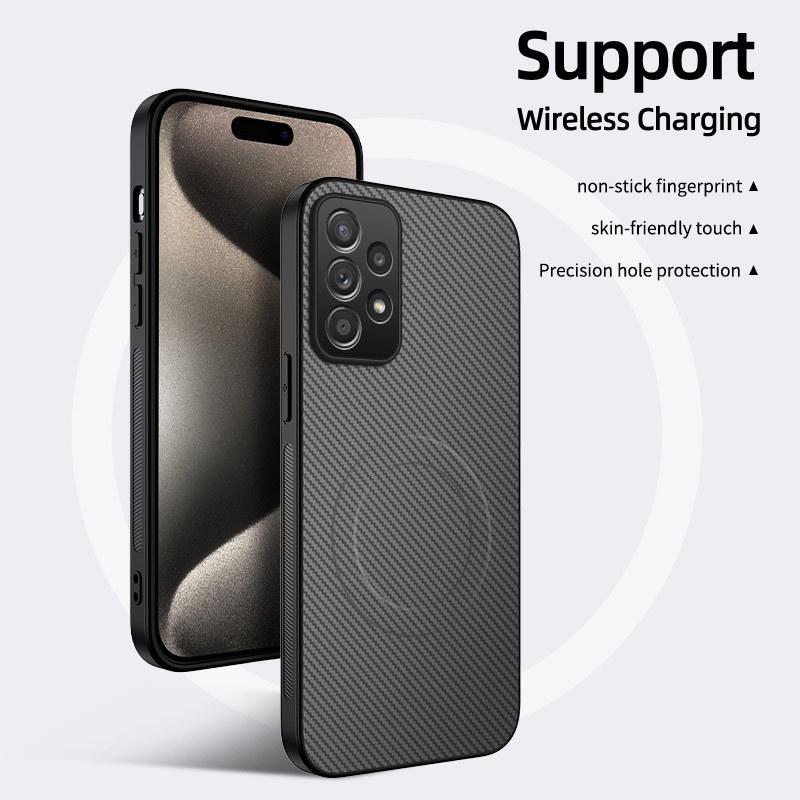 Samsung A Series (A52, M56, A05) Carbon Fiber Leather Texture Case with Full Lens and Drop Protection, Magsafe Compatible.