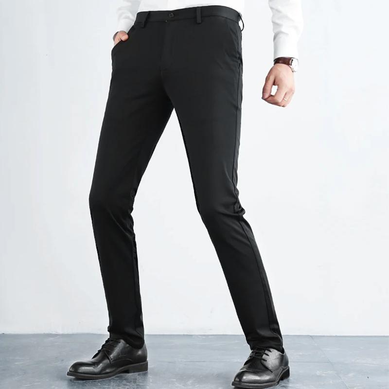 Stile Inghilterra Moda Semplice Elegante Pantaloni Uomo ad Alta Elasticità Solido Tasca con Cerniera Bottone Primavera Dritto Seta Ghiaccio Pantaloni Casual