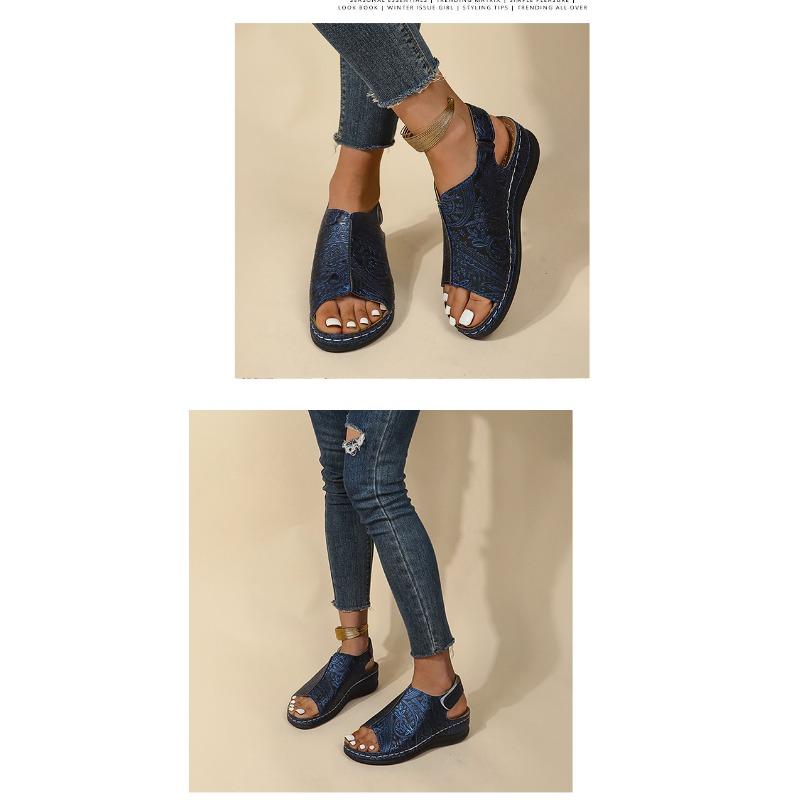 Retro Rock Pattern Large Size Wedge Sandals Women's Summer New Platform High Heel Sandals Women's