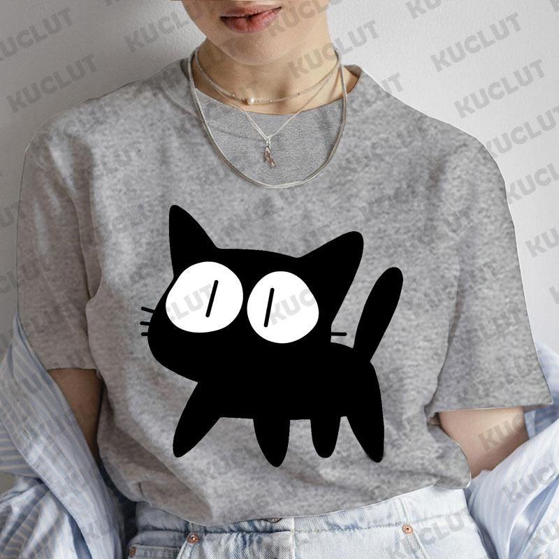 T-Shirt für Damen Schwarze Katzen Print Mode T-Shirt Lässig Rundhals Kurzarm Streetwear Damen T-Shirt Vintage Tee Oberteile