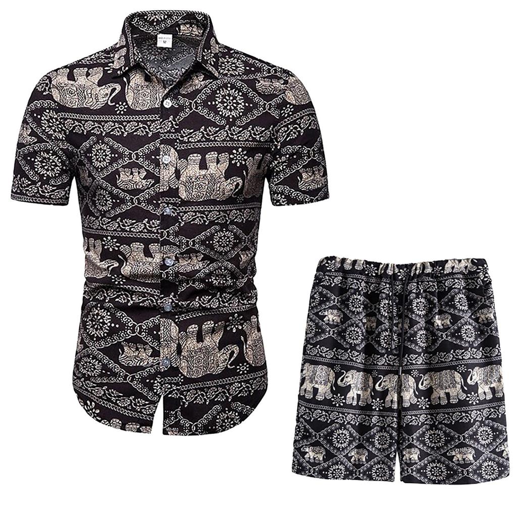 Men’s Summer 2-Piece Beach Printed Short Sleeve Shirts & Shorts Pants Sets