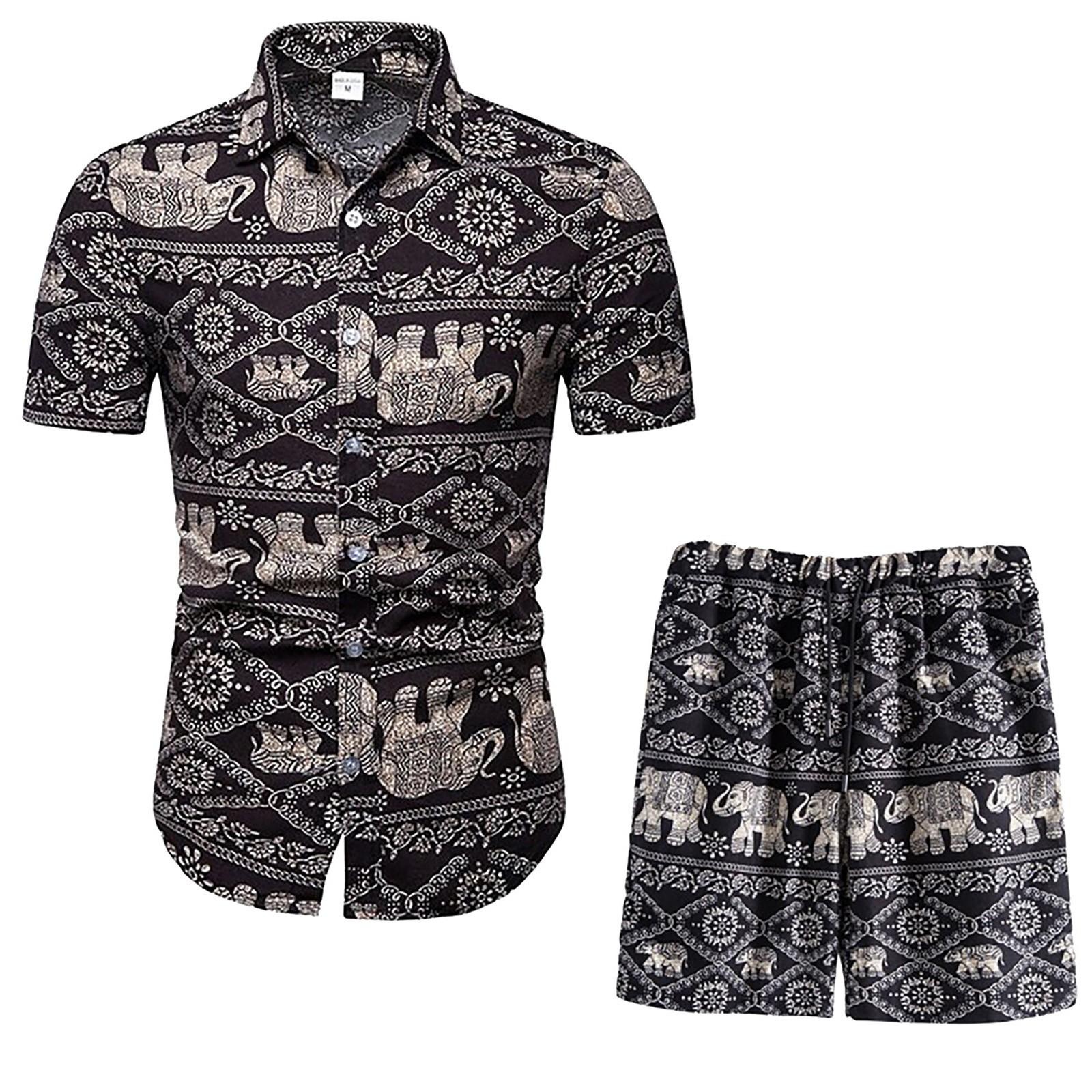 

Men’s Summer 2-Piece Beach Printed Short Sleeve Shirts & Shorts Pants Sets XXL чорний