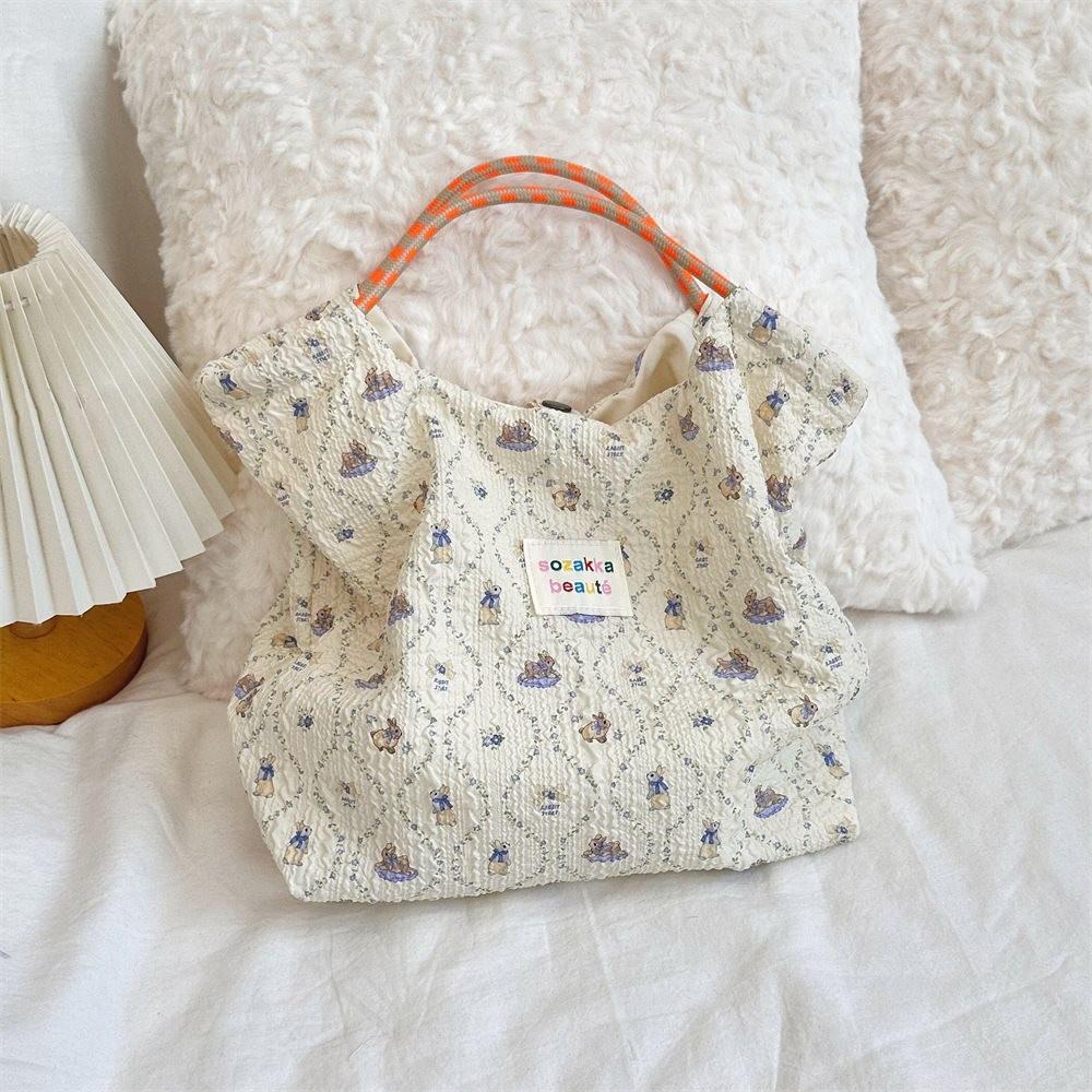 Large Capacity Korean Cartoon Embossed Canvas Tote Bag For Women Ideal For Beach Trips