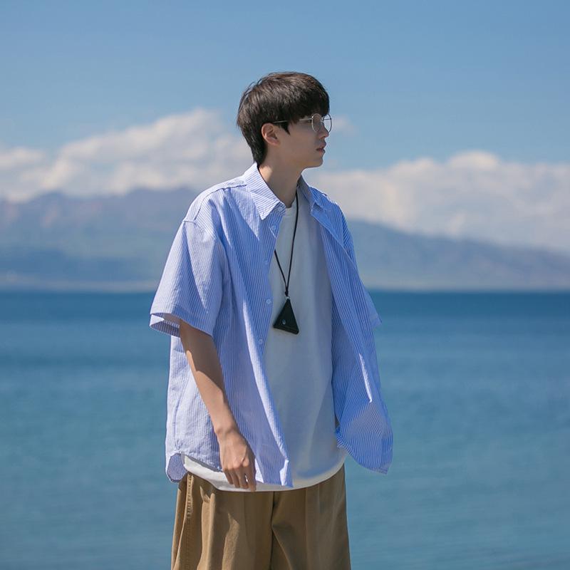 

Мужская рубашка с коротким рукавом и лацканами в японском стиле - летняя повседневная универсальная модная брендовая куртка Cityboy M синий