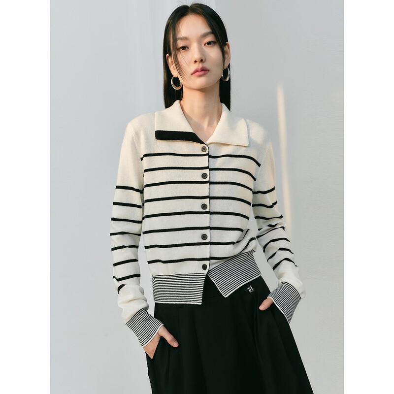 PEACEBIRD Women's Slim-Fit Color-Block Stripe Lapel Knit Sweater