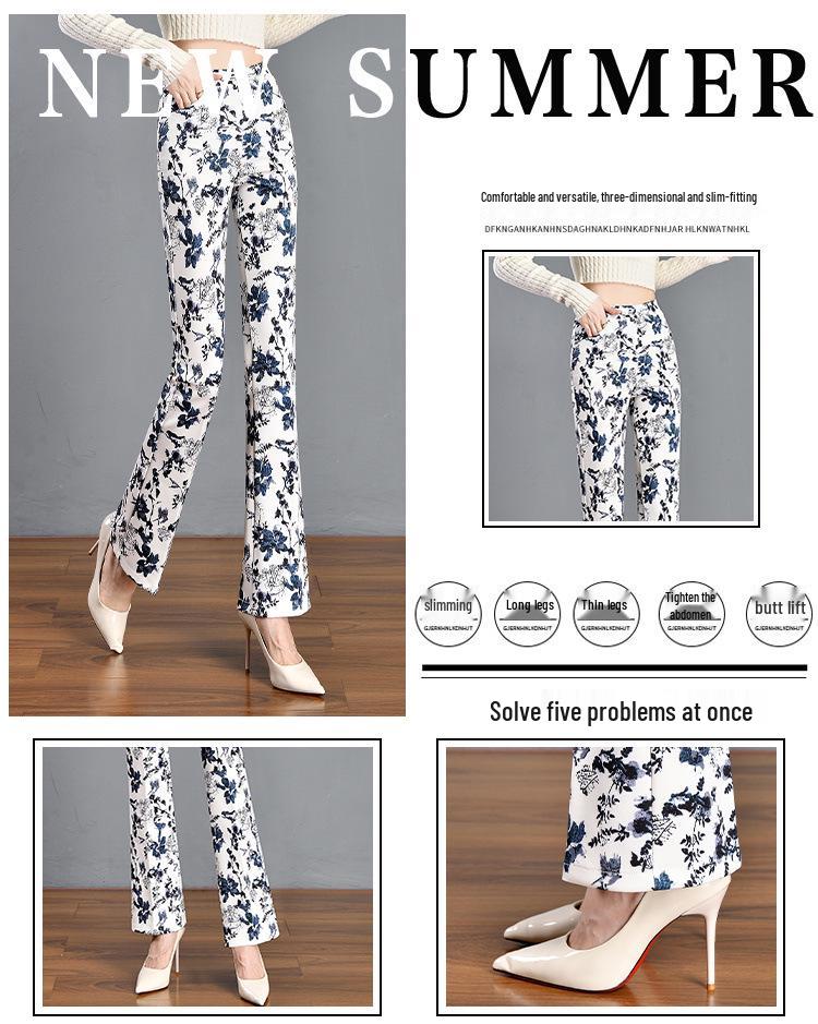 Green Floral Micro-Flare Pants - Autumn/Winter 2024 Body-Shaping Elastic Women's Long Pants