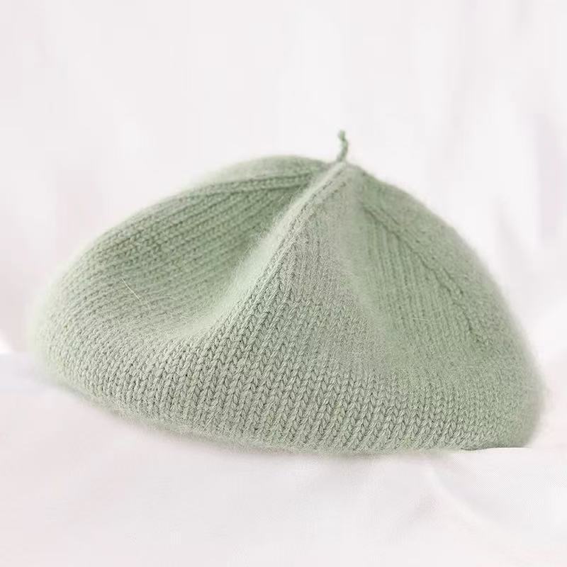 Matcha Grün Kaninchenfell Baskenmütze für Damen Herbst und Winter Literarische Retro Malermütze Vielseitige Mode Strickmütze Wollmütze