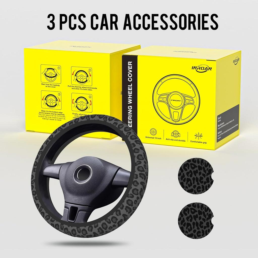 Black Leopard Print Cheetah Steering Wheel Cover For Women, Anti-Slip Breathable High Elastic Neoprene Car Steering Wheel Cover, Universal 15 Inch