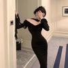 2024 French Hepburn Black Off-Shoulder Hip-Hugging Dress for Women - Spring/Autumn Mid-Length