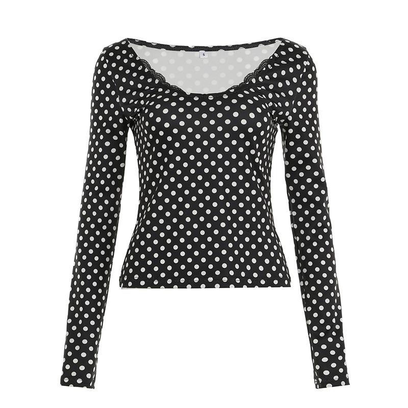 Casual polka dot lace splicing slim-fitting slim top women's versatile pure desire style long-sleeved T-shirt