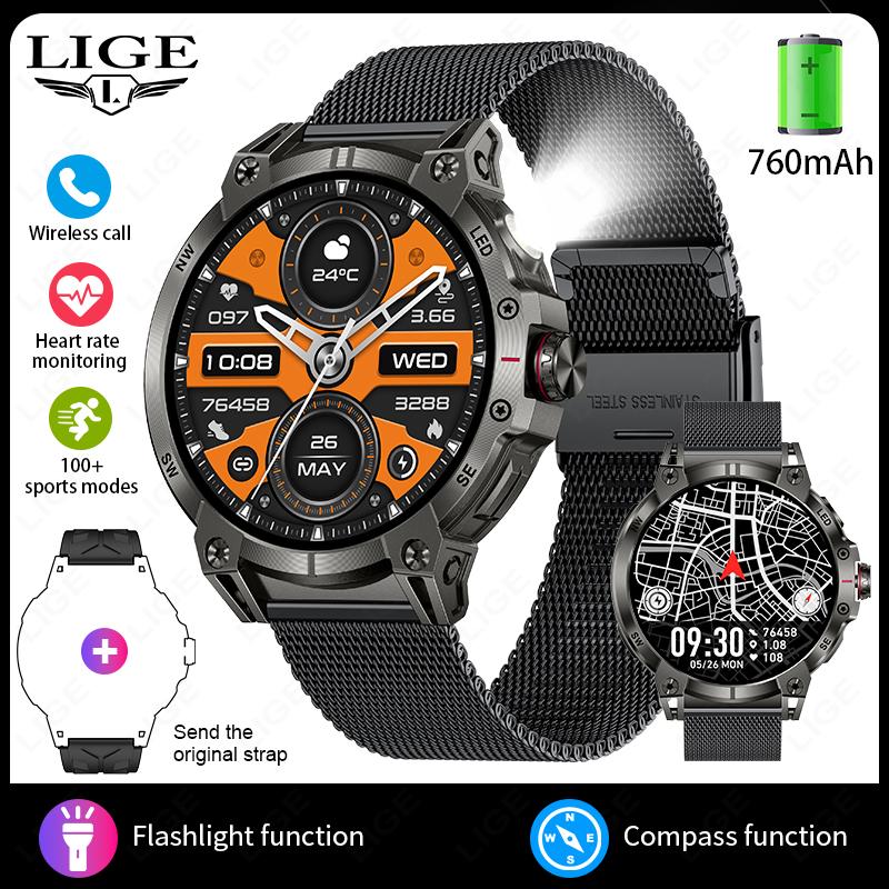 Steel 1.85" Bluetooth Call Smart Watch Men Sports Fitness Tracker Watches Outdoor LED Flashlight Compass Smartwatch 760mAh