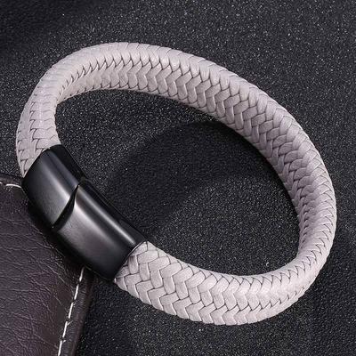 Punk Gray Leather Bracelet Men Stainless Steel Clasp Bangles Men's Bracelets Wristband Jewelry Gift