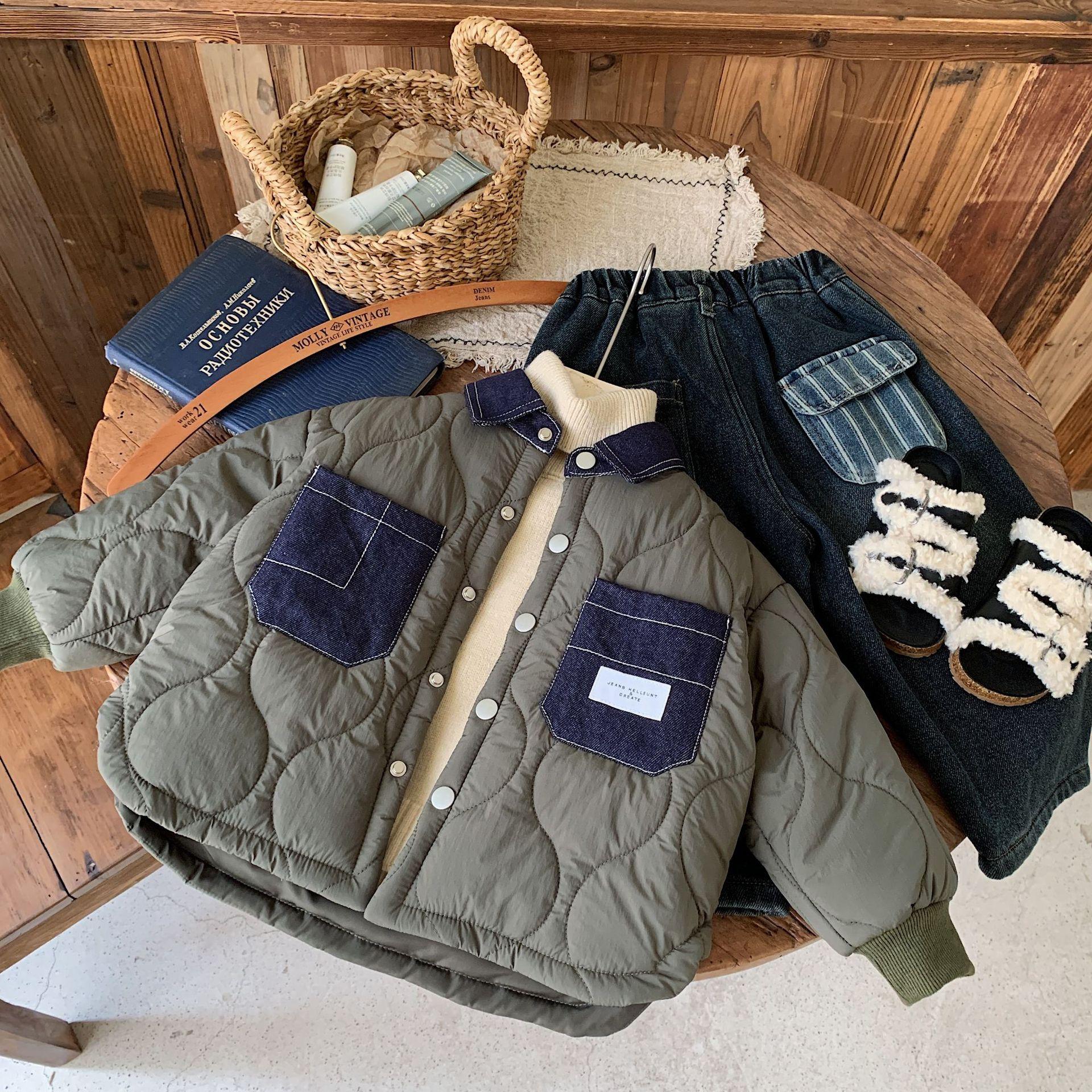 

Дитяче пальто 2024 Новий зимовий комір Стьобана бавовняна сорочка для хлопчиків Універсальна куртка з бавовняною підкладкою Одяг з бавовняною підкладкою 140cm армія зелений колір